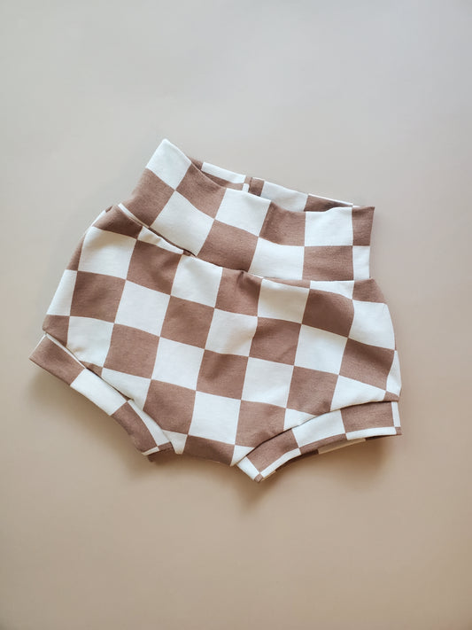 Organic baby bloomers in check pattern. 